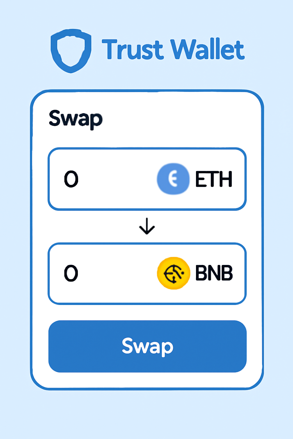 Trust Wallet swap interface with BNB selected as the target token.