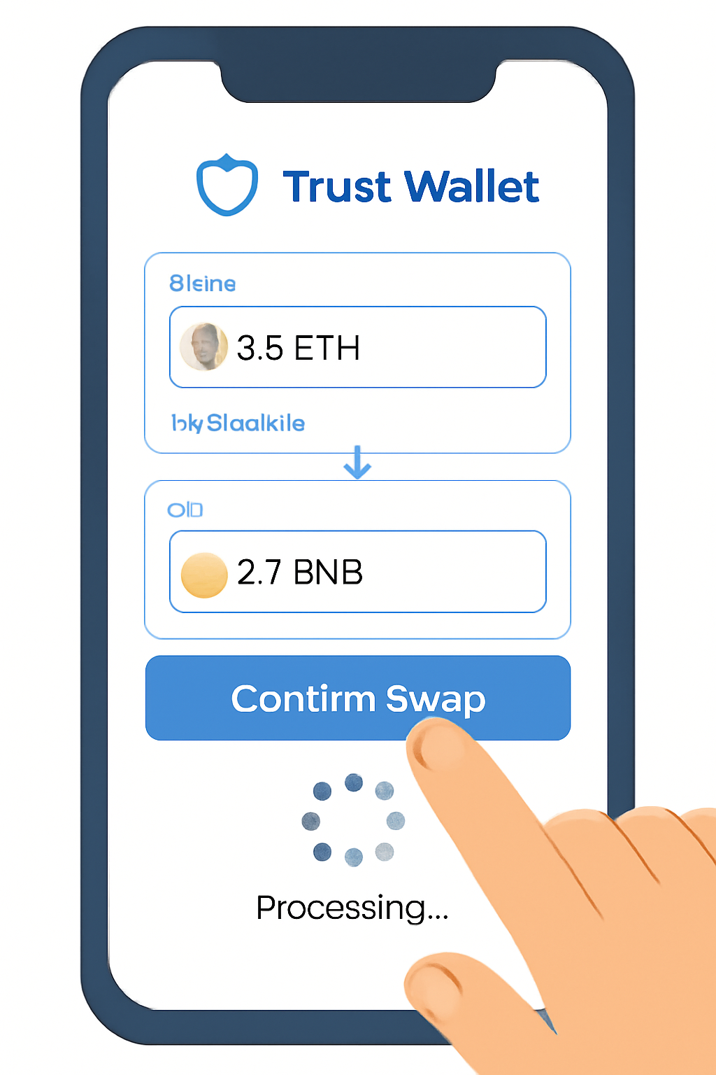 User tapping the 'Confirm Swap' button on Trust Wallet, with a loading animation indicating processing.