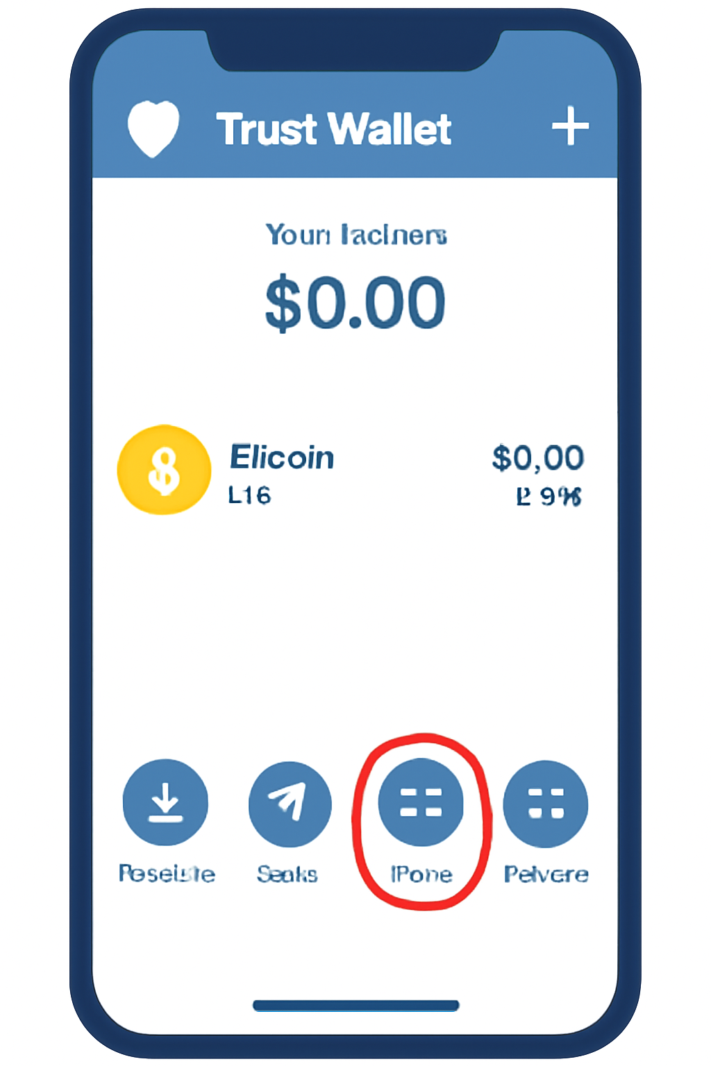 Trust Wallet app interface with the 'Swap' button highlighted on the home screen.
