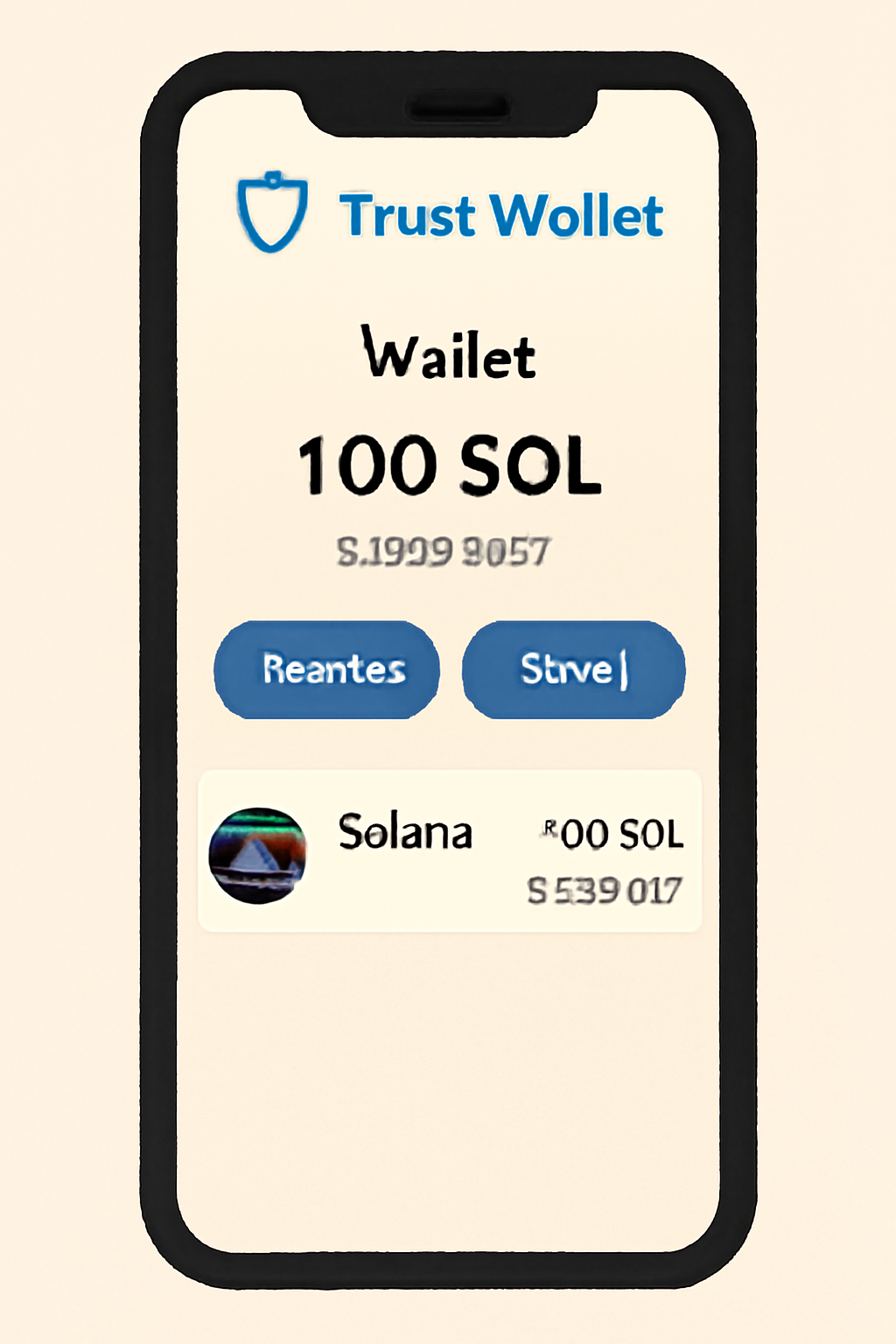 A smartphone displaying the Trust Wallet home screen with visible SOL balance.