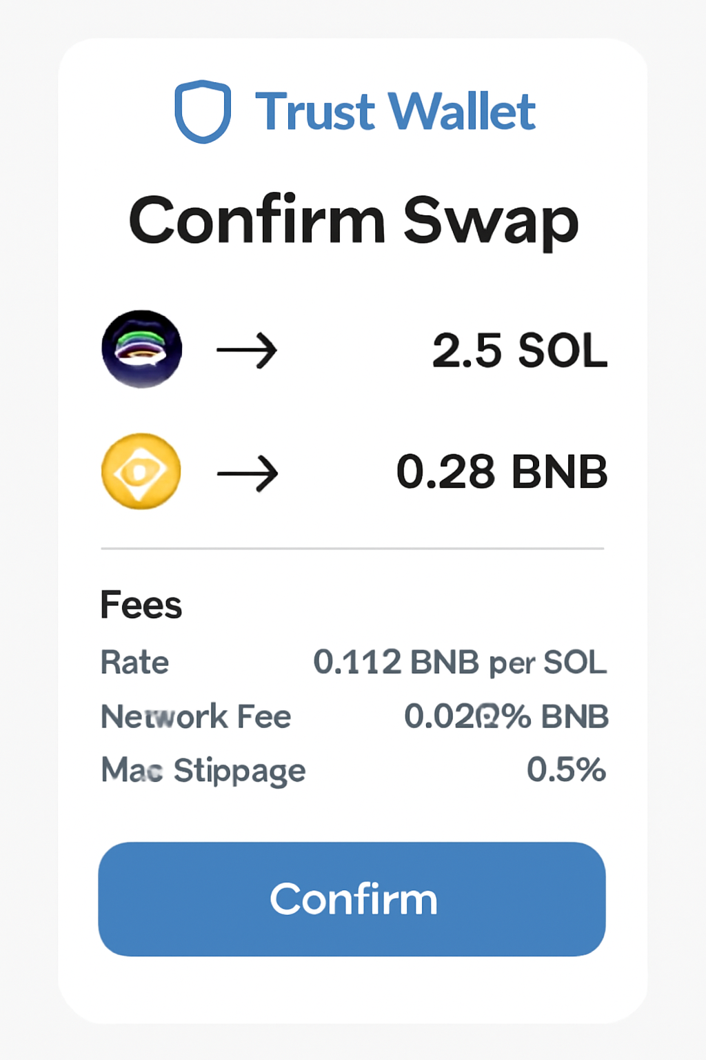 Trust Wallet swap confirmation screen showing SOL amount, BNB amount, and fees breakdown.