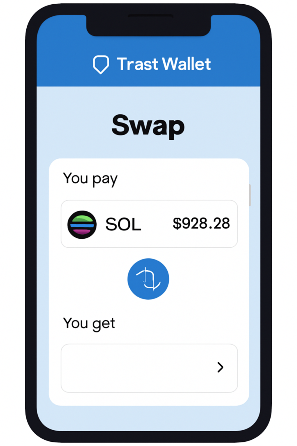 Trust Wallet swap screen with SOL selected as the source token and its price ($228.76) shown.
