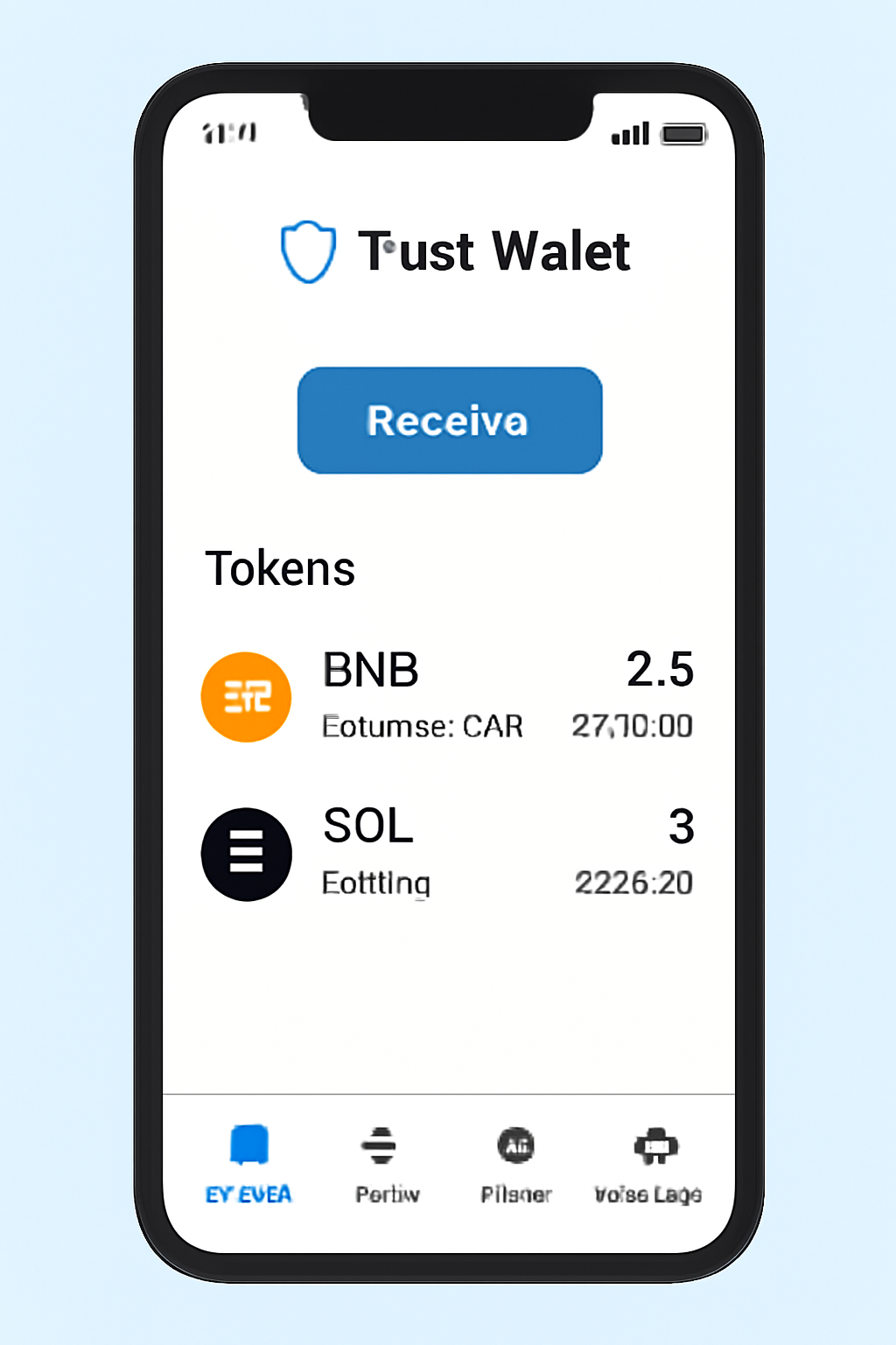 Trust Wallet home screen showing updated BNB and SOL balances after the swap.
