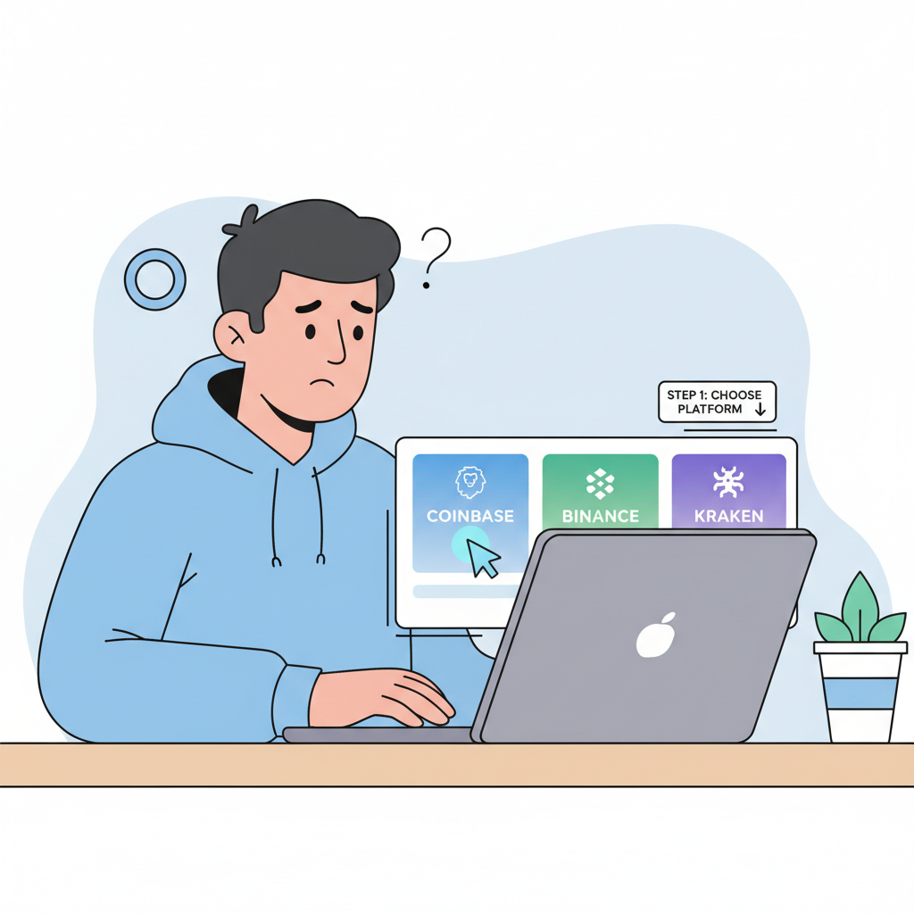 beginner on laptop choosing crypto exchange interface, clean modern UI