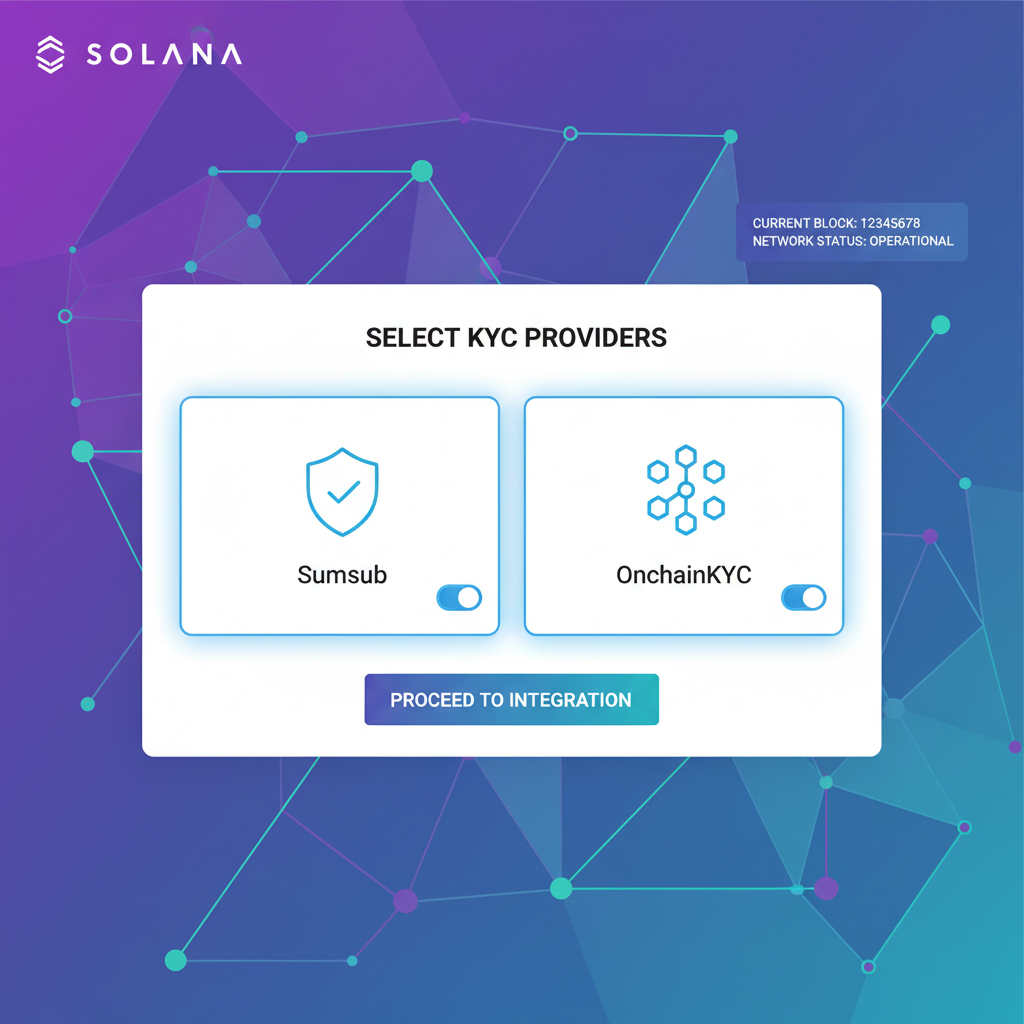 Modern dashboard selecting KYC providers Sumsub and OnchainKYC on Solana blockchain background