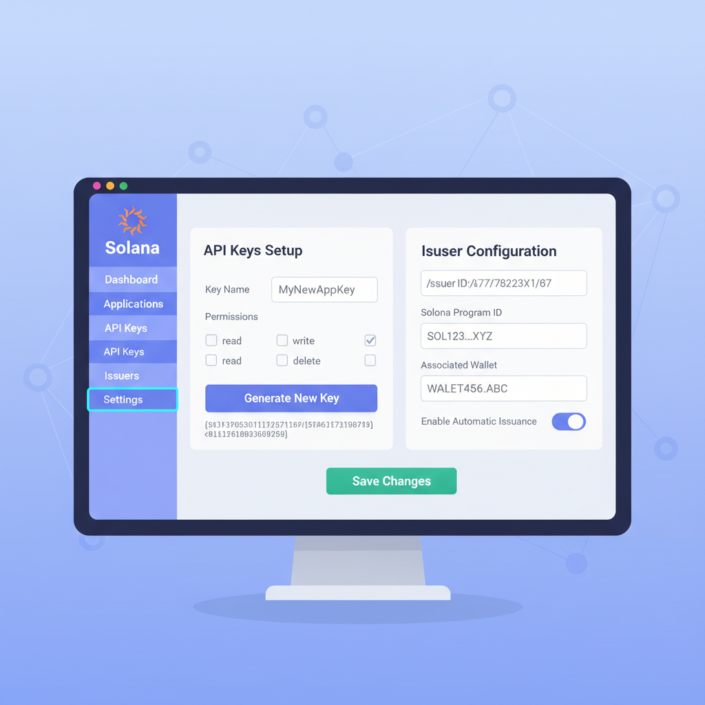 Developer configuring API keys and issuer setup on computer screen with Solana logos