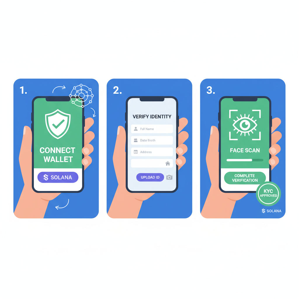 User completing KYC verification on mobile app connected to Solana wallet