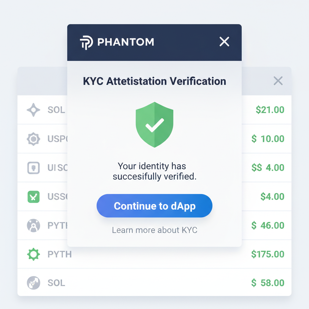Phantom wallet interface showing KYC attestation verification popup
