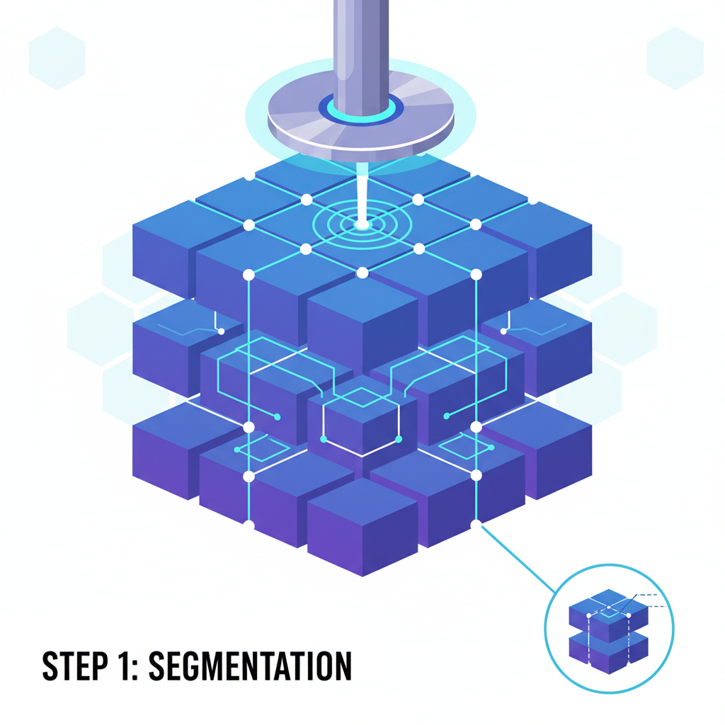 Model slicing into segments like cutting a neural network cake, precise lines, futuristic tech aesthetic