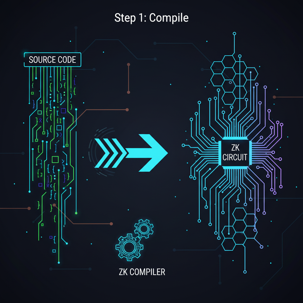 Compiling code into ZK circuits, glowing circuit diagrams forming from code, cyberpunk circuit board