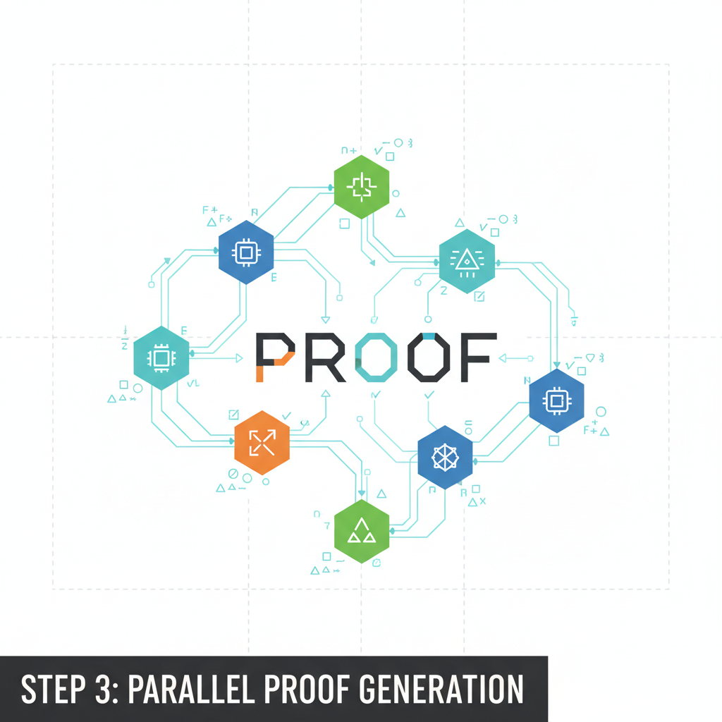 Distributed computing cluster nodes generating proofs in parallel, network graph with proof particles flowing