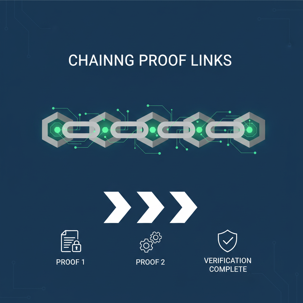 Chaining proof links together into a complete verification chain, metallic links glowing green, blockchain style