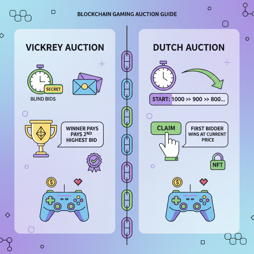 Vickrey vs Dutch auction comparison chart with bids clocks seals blockchain gaming theme clean vectors