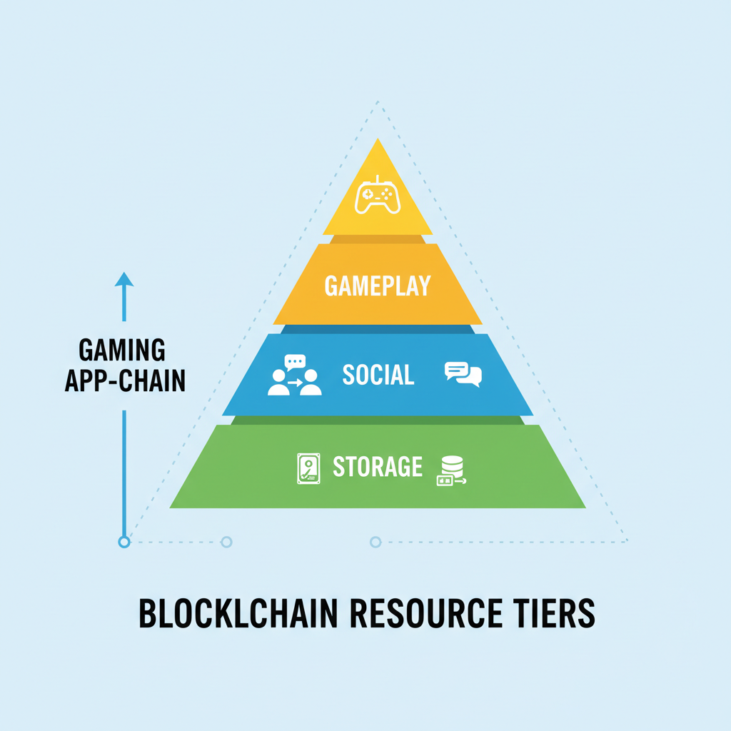 infographic diagram of three blockchain resource tiers: gameplay social storage for gaming app-chain, colorful layered pyramid