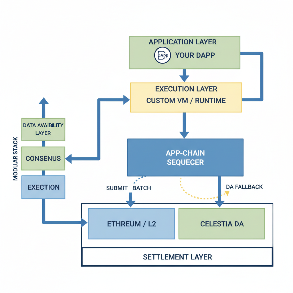 app-chain deployment diagram with DA fallback Celestia integration arrows modular stack