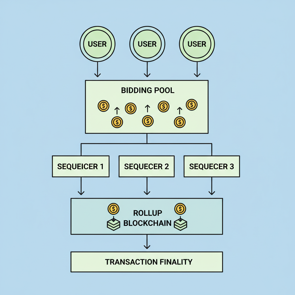 flowchart of users bidding for sequencer inclusion in rollup app-chain, coins flowing to blocks
