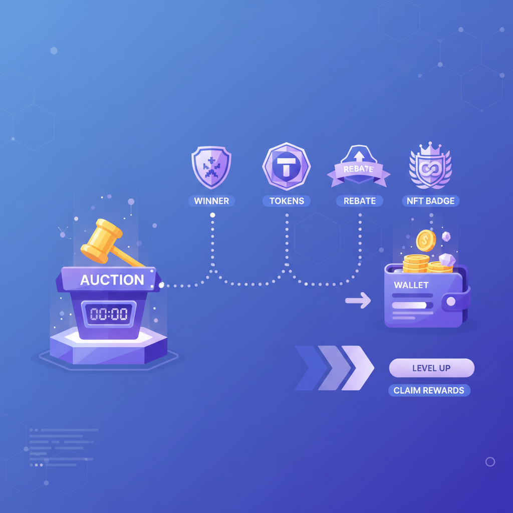 gamified auction rewards badges tokens rebates in blockchain gaming style vibrant illustration