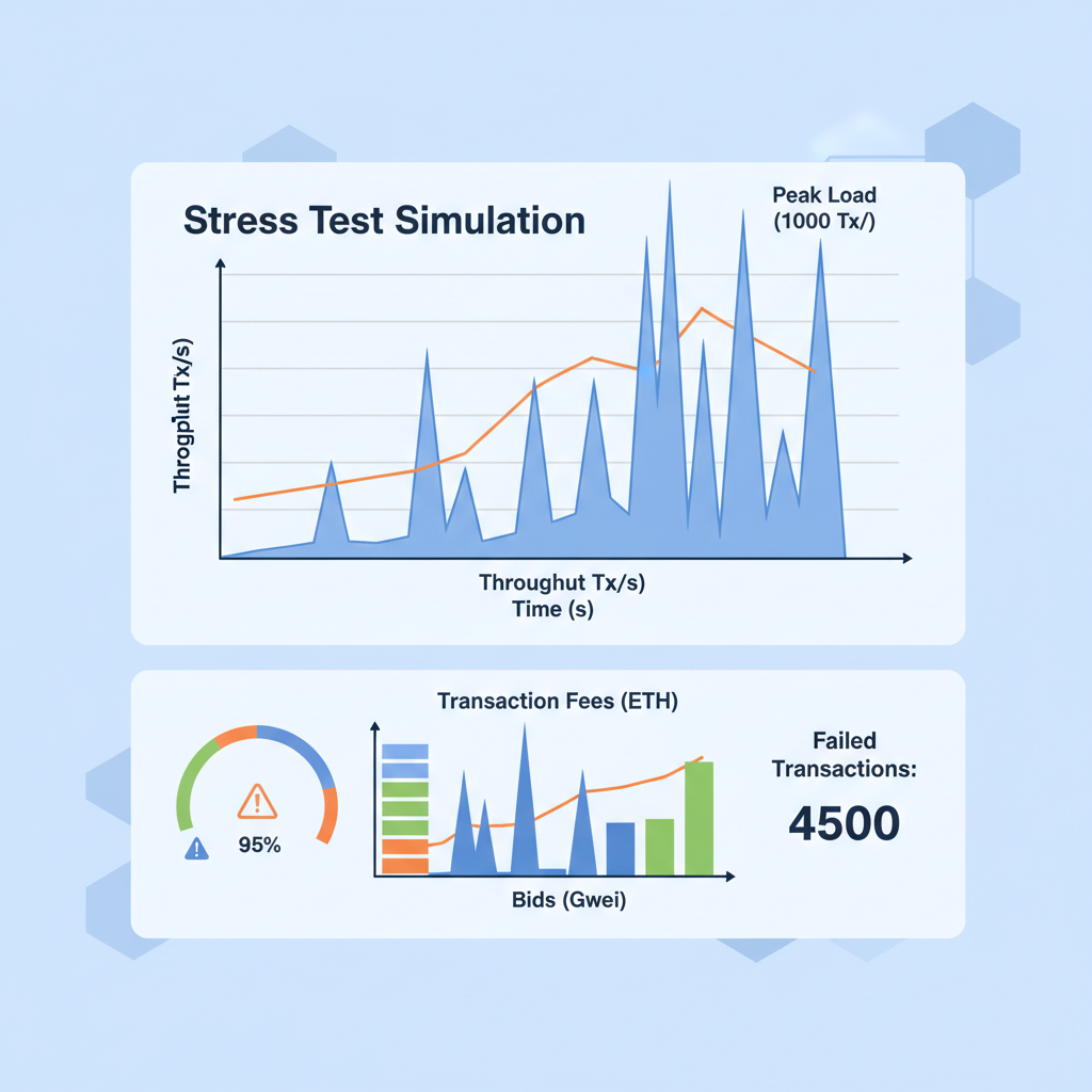 stress test graph blockchain peak load spikes fees bids simulation dashboard