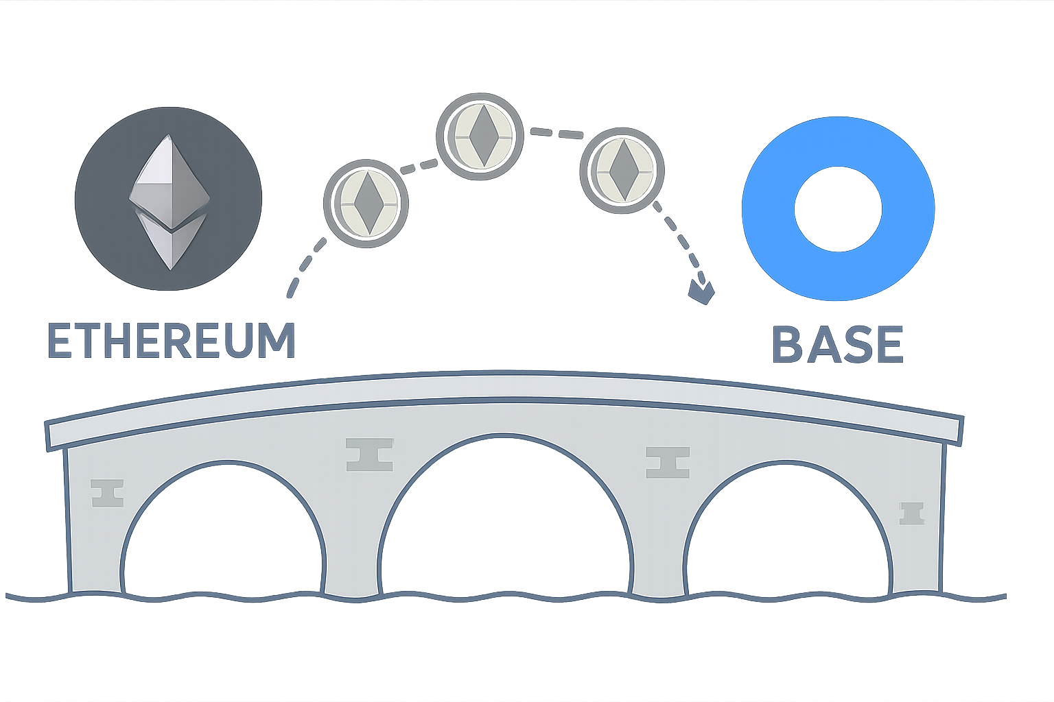 A digital bridge connecting Ethereum and Base logos, with animated ETH tokens moving across the bridge.