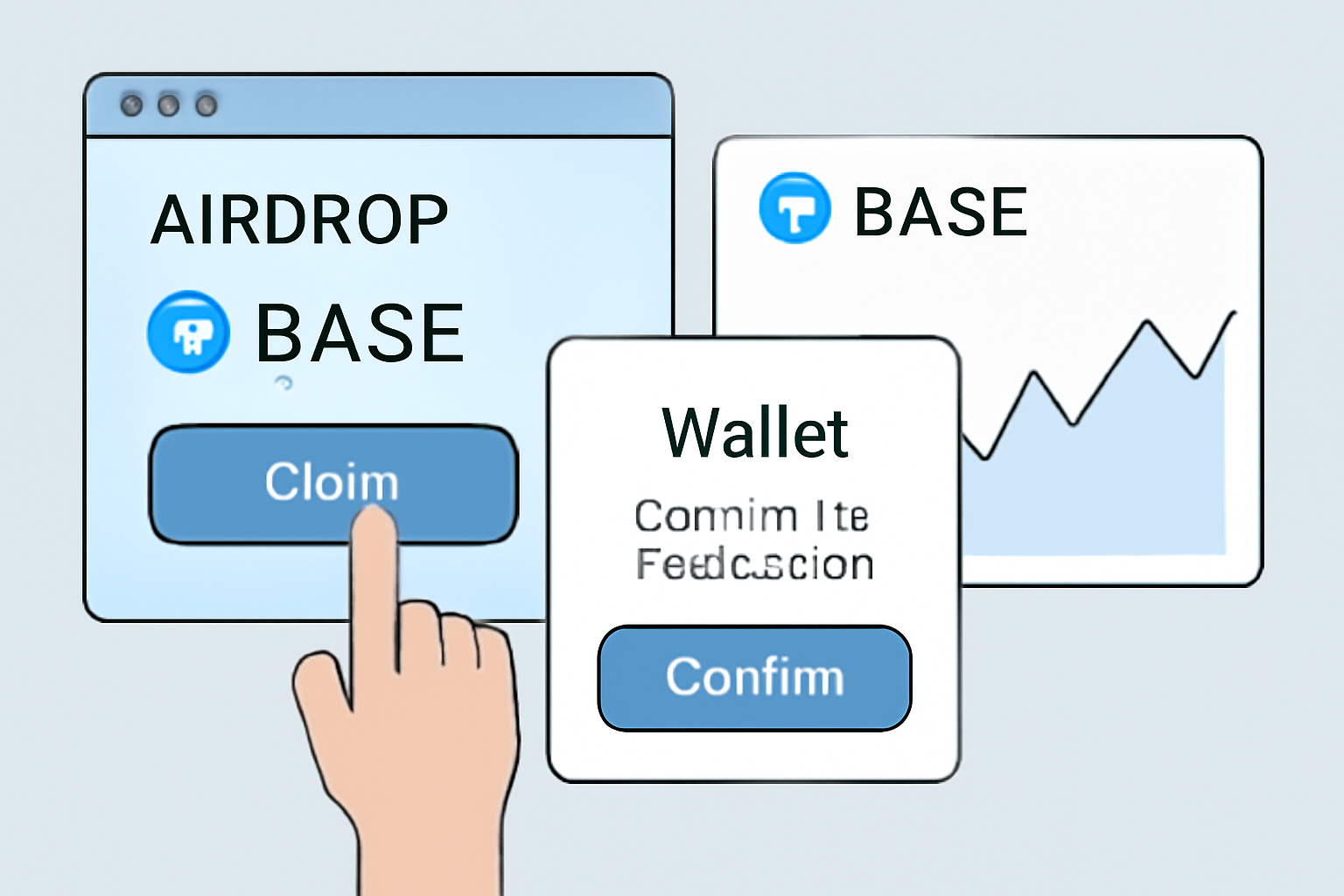 A user clicking 'Claim' on the BASE airdrop portal, with a wallet confirmation popup and BASE token price chart in the background.