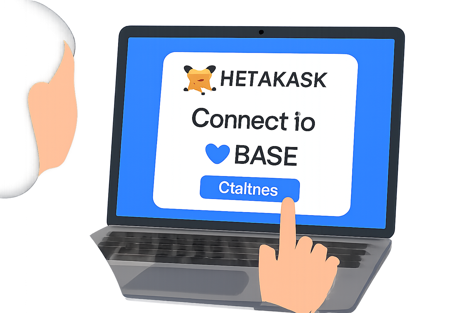 A user connecting MetaMask wallet to the Base network on a laptop screen, with a clear interface and Base logo visible.