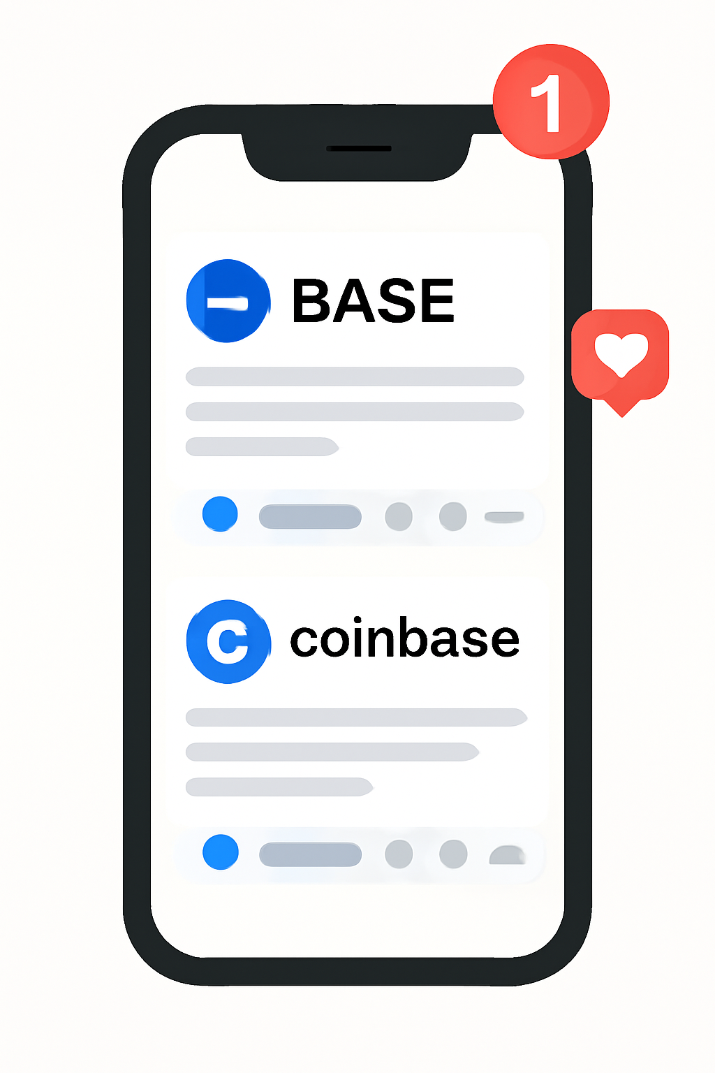 A smartphone displaying social media feeds from Base and Coinbase, with notification icons and official logos.