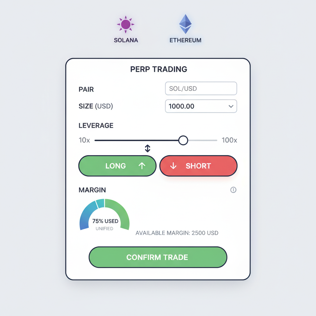 perp trading order form with leverage slider, long/short buttons, unified margin meter, Solana Ethereum chain selectors