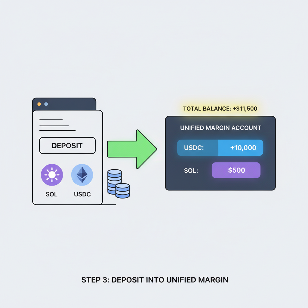 crypto wallet depositing USDC and SOL into unified margin account dashboard, glowing balance indicators, blockchain icons for Solana and Ethereum