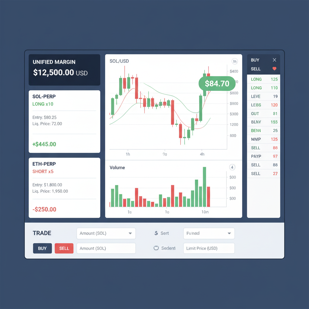 live trading screen with open Solana ETH perp positions, unified margin balance display, real-time charts showing SOL $84.70