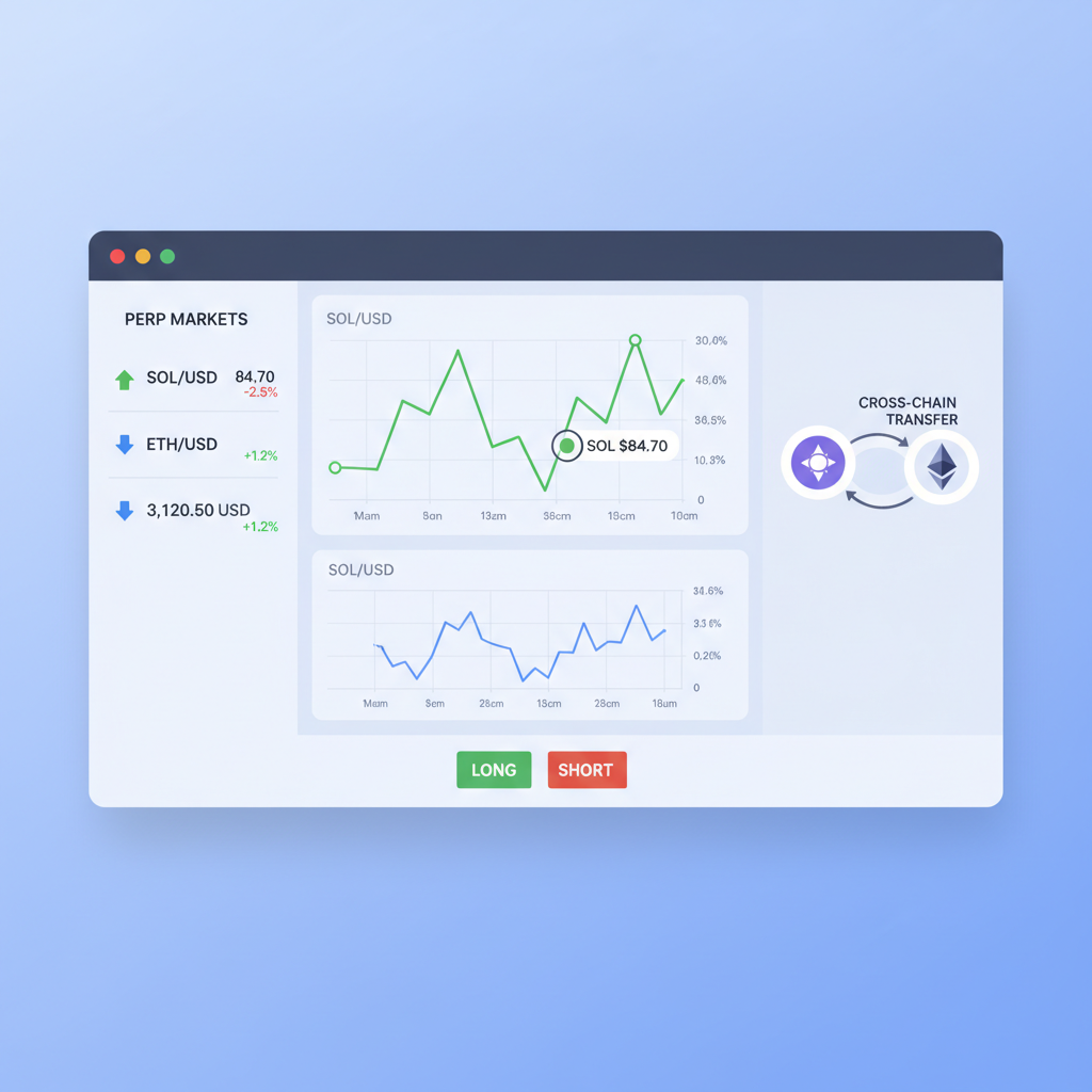 trading dashboard showing Solana and Ethereum perp markets list, charts with SOL price at $84.70, cross-chain icons connected