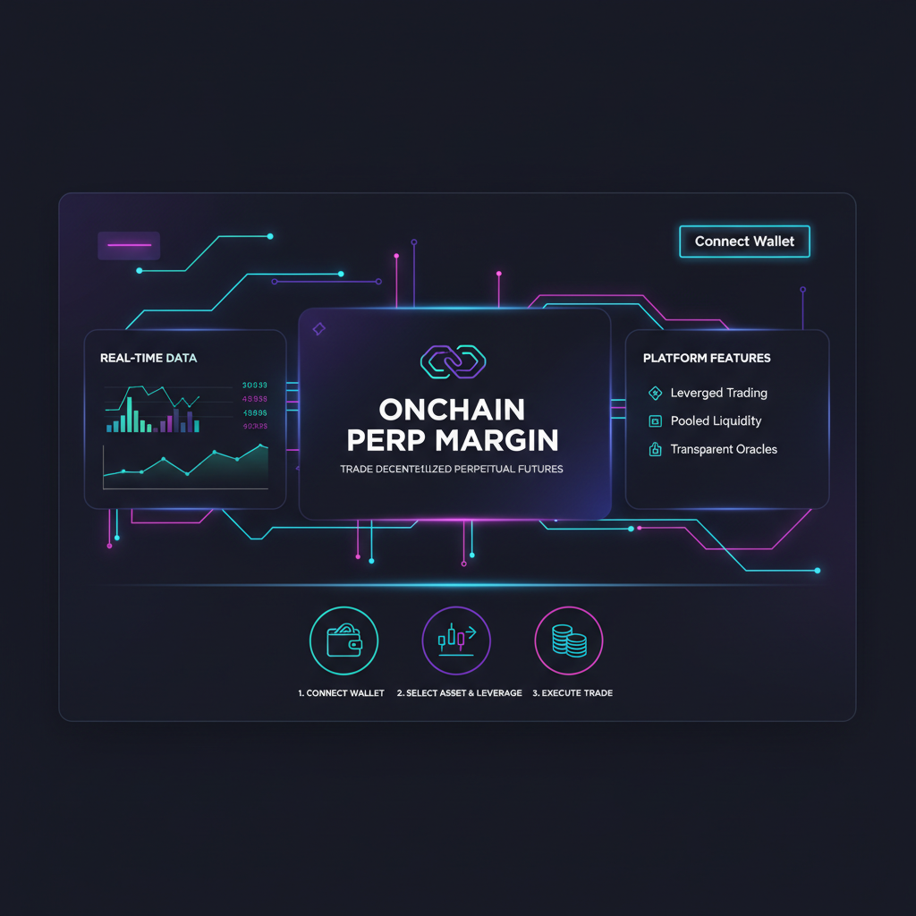sleek web interface of crypto trading platform OnchainPerpMargin.com homepage with wallet connect button, futuristic UI, neon blues and purples