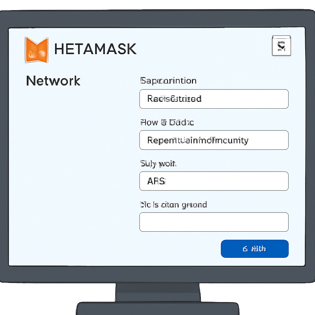 A computer screen showing MetaMask open, with network settings being configured for Base Mainnet, displaying the correct RPC URL and chain ID.