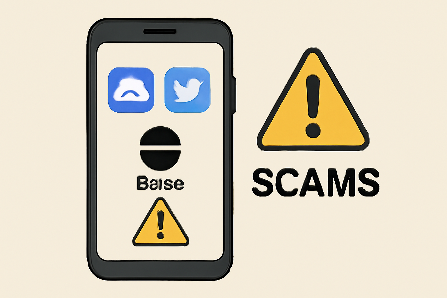 A smartphone displaying Discord and Twitter apps with the Base logo, and a warning sign for scams.