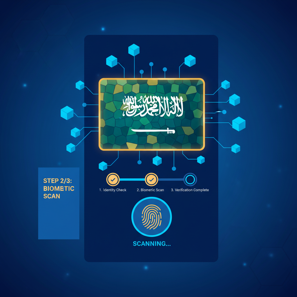 sleek digital wallet verification interface with Saudi flag and blockchain nodes, futuristic UI, vibrant blues and golds