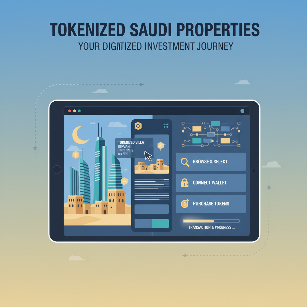 dynamic online marketplace browsing tokenized Saudi properties, skyscrapers and deserts, interactive blockchain dashboard