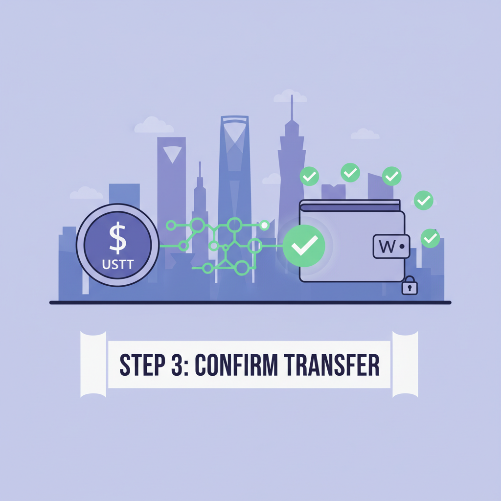 stablecoin transfer animation into wallet, Saudi skyline background, glowing green checkmarks and blockchain links