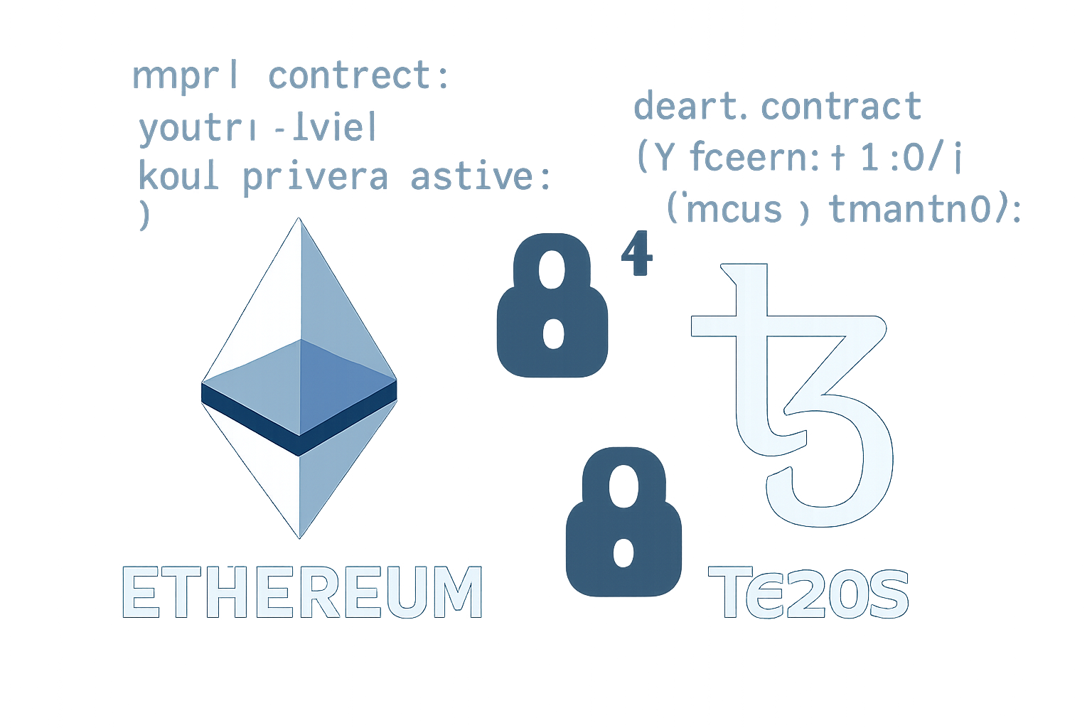 Logos of Ethereum and Tezos on a digital background, with smart contract code snippets and privacy padlocks.
