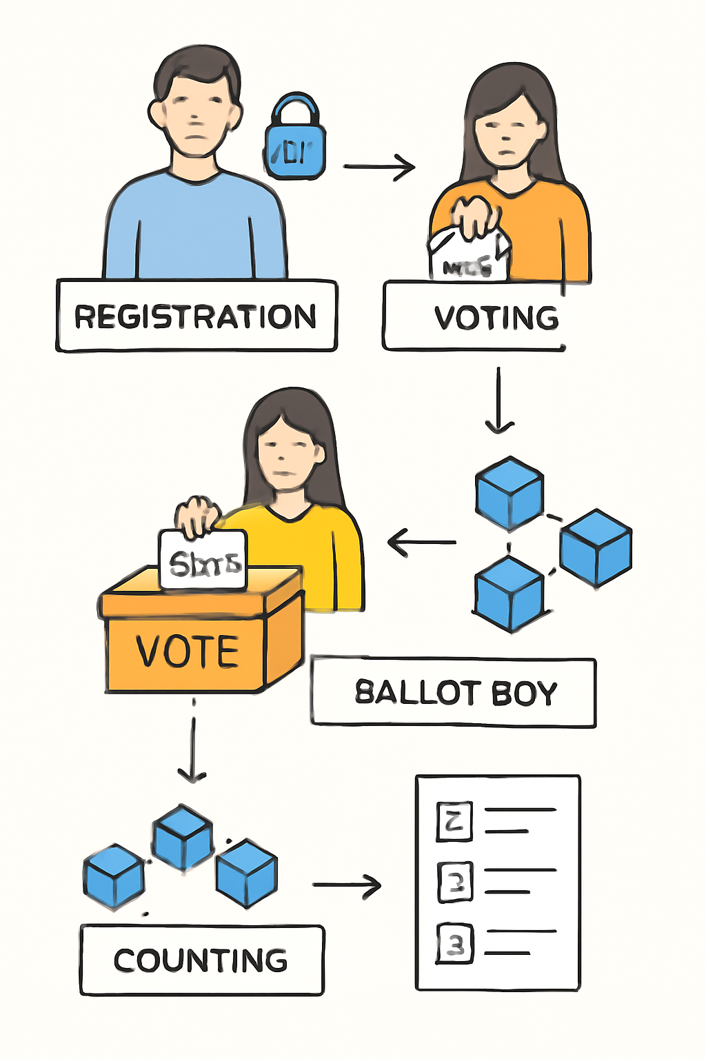 A flowchart illustrating the stages of a voting process, with privacy and blockchain elements highlighted at each step.
