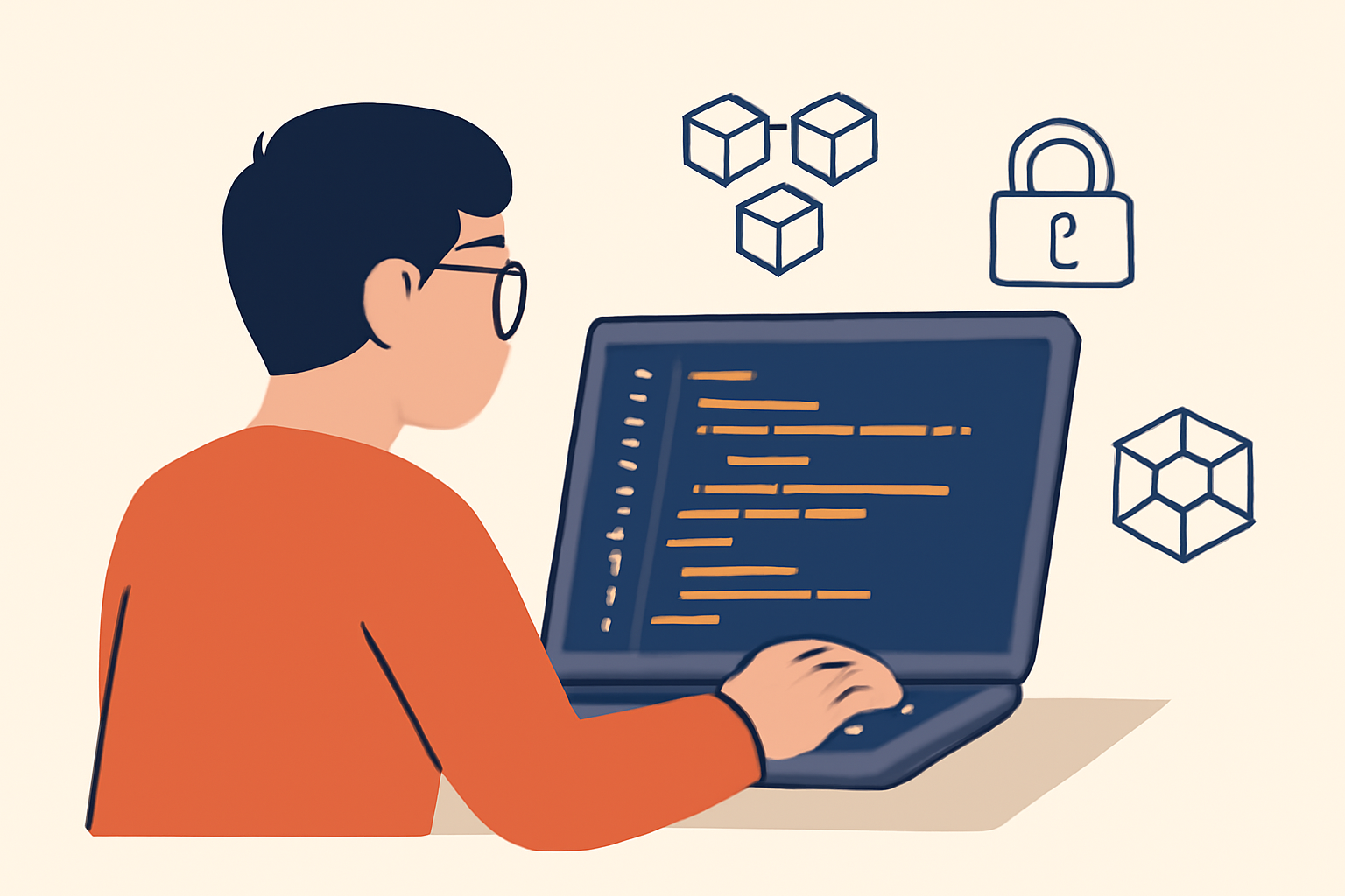 A developer coding smart contracts on a laptop, with blockchain and privacy icons floating above the screen.