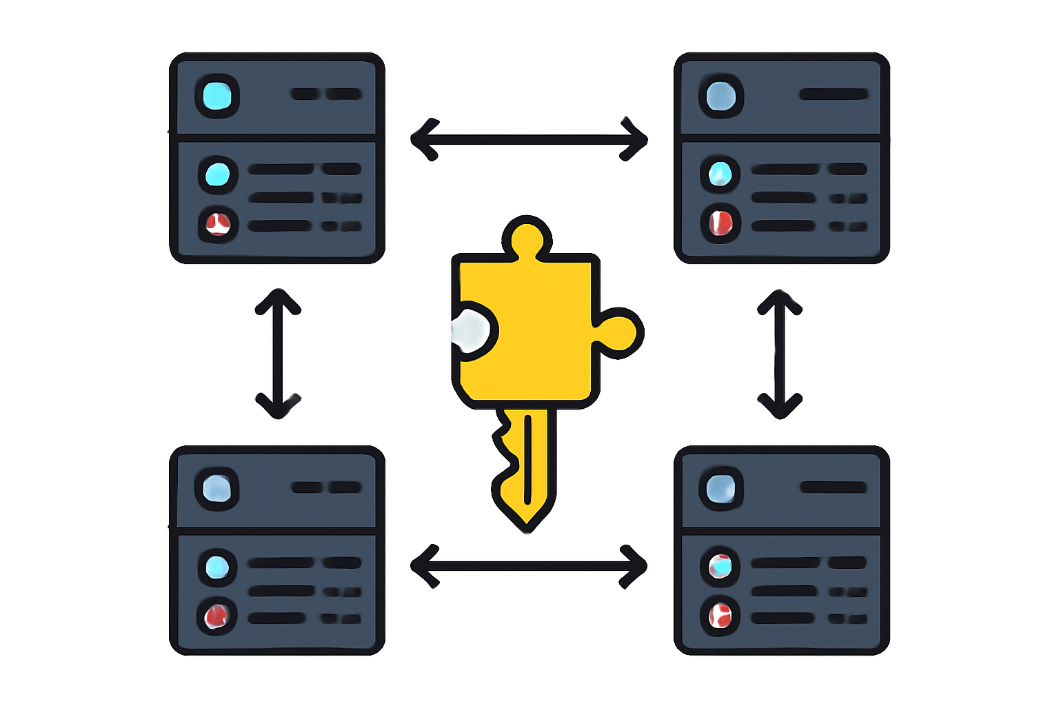 Several servers or nodes working together, each holding a piece of the decryption key, forming a secure network.