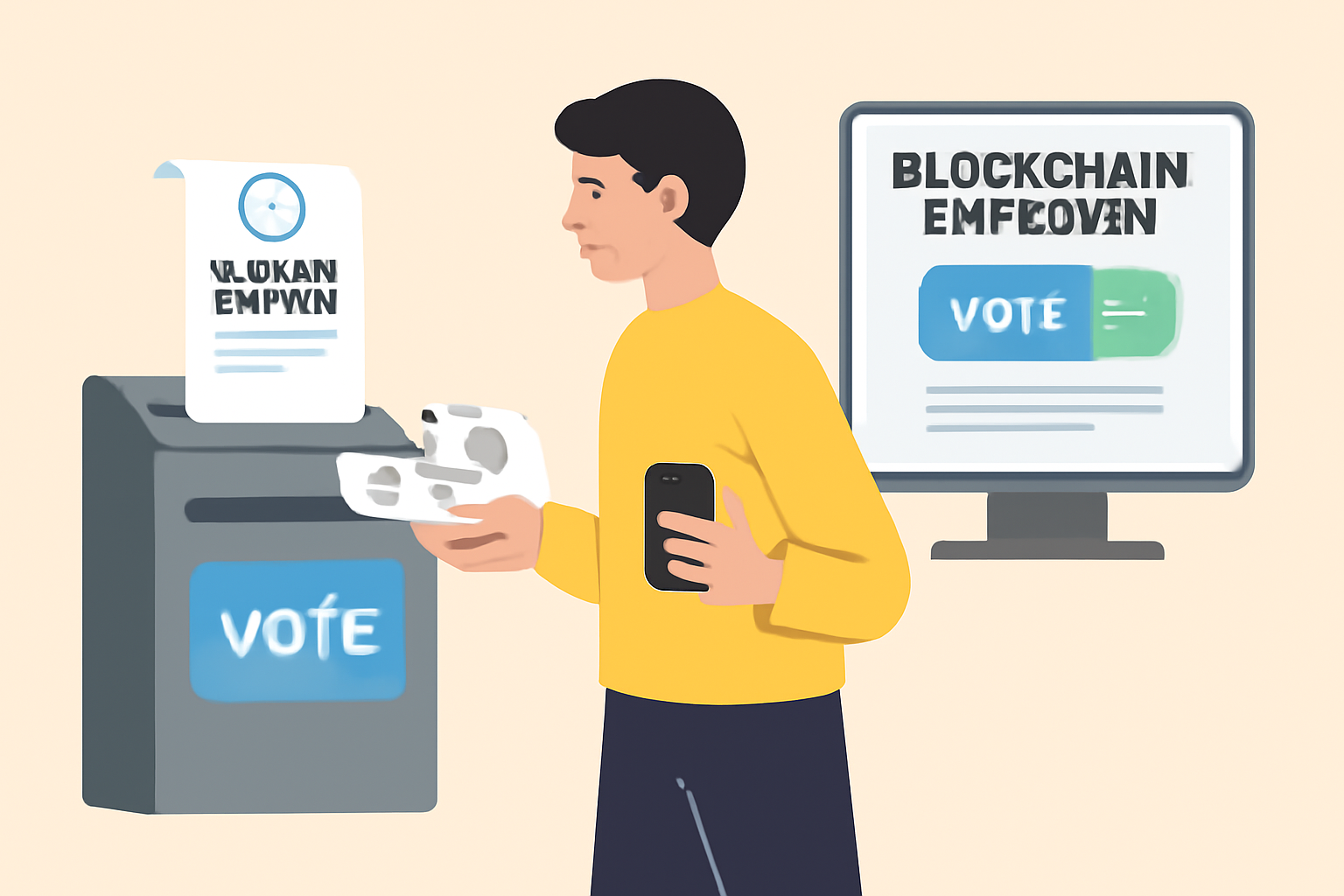 A voter receiving a digital receipt and checking their vote’s inclusion on a blockchain explorer interface.