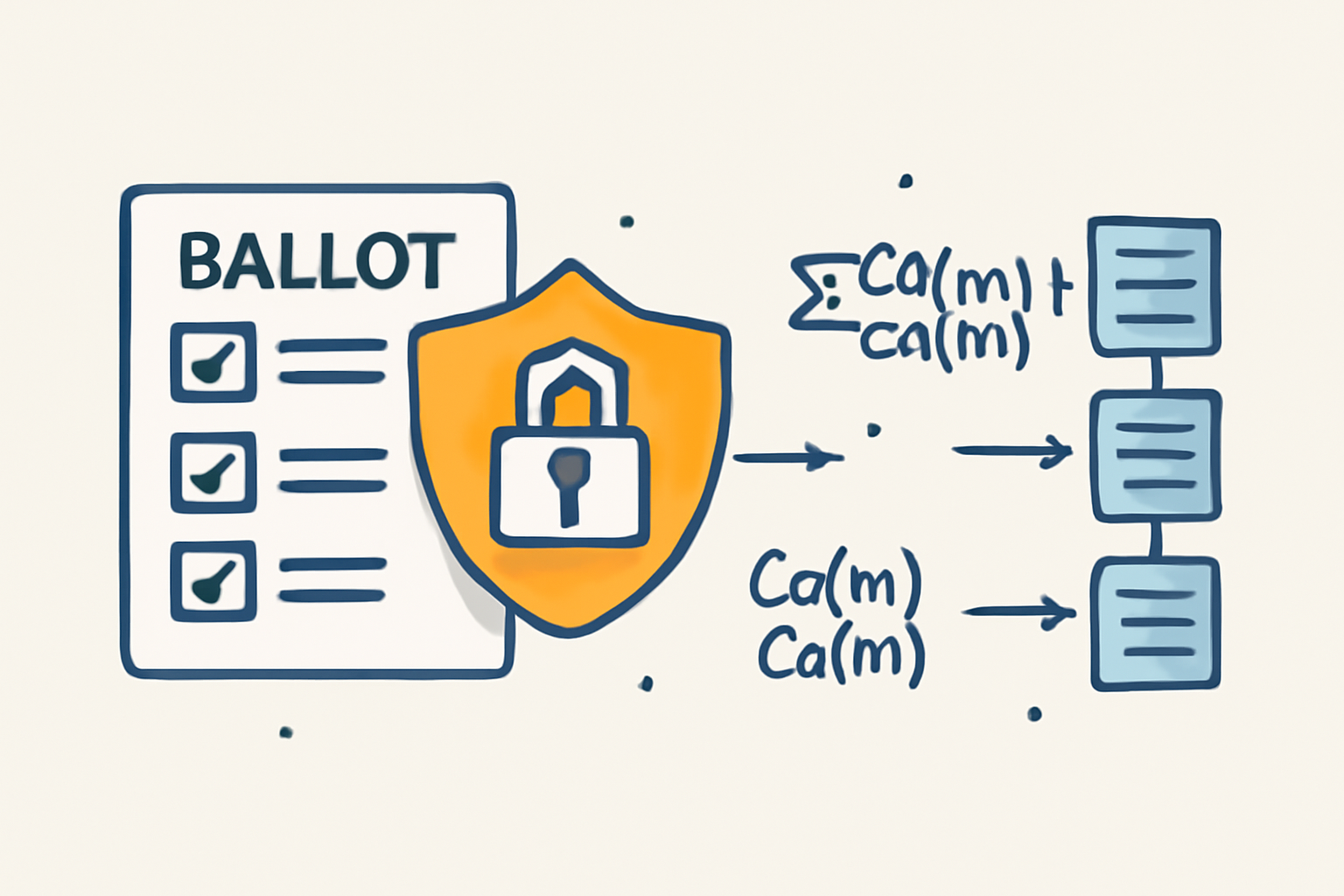 A digital ballot being encrypted and added to a blockchain, with mathematical symbols representing homomorphic encryption.