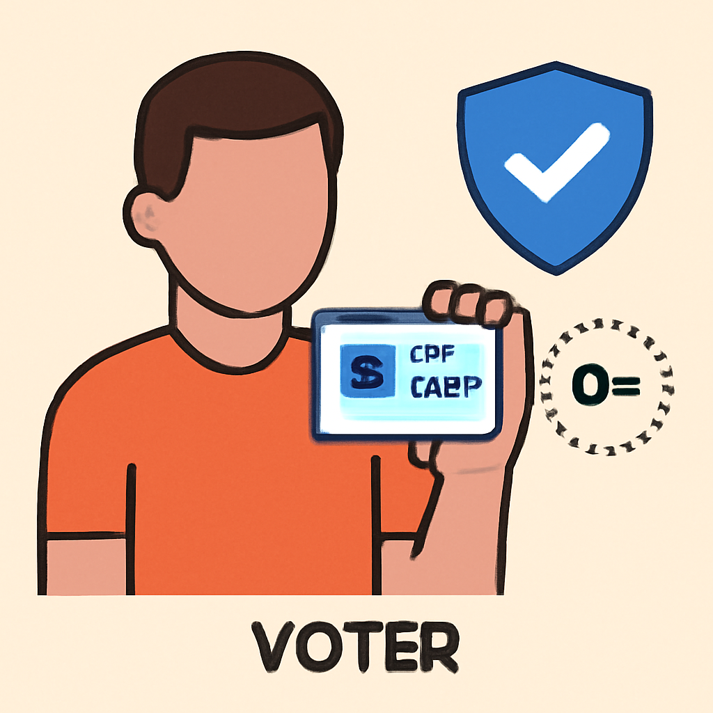 A voter holding an ID card, with a shield and zero-knowledge proof symbols ensuring privacy during verification.