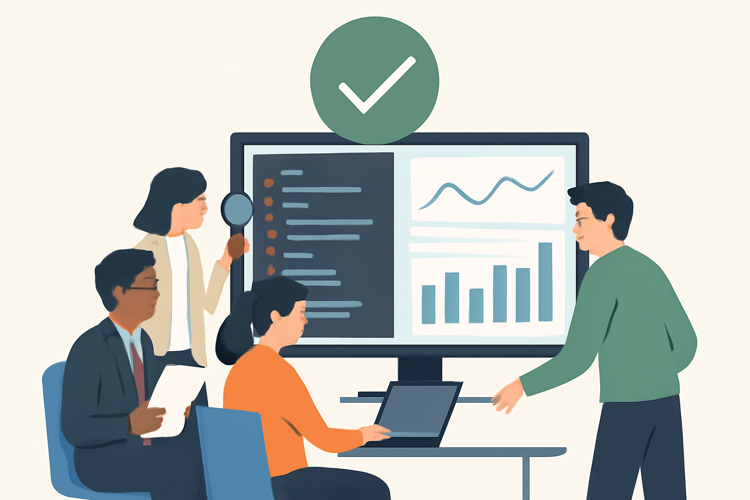 A team of developers and auditors reviewing code and dashboards, with a green checkmark indicating successful deployment.