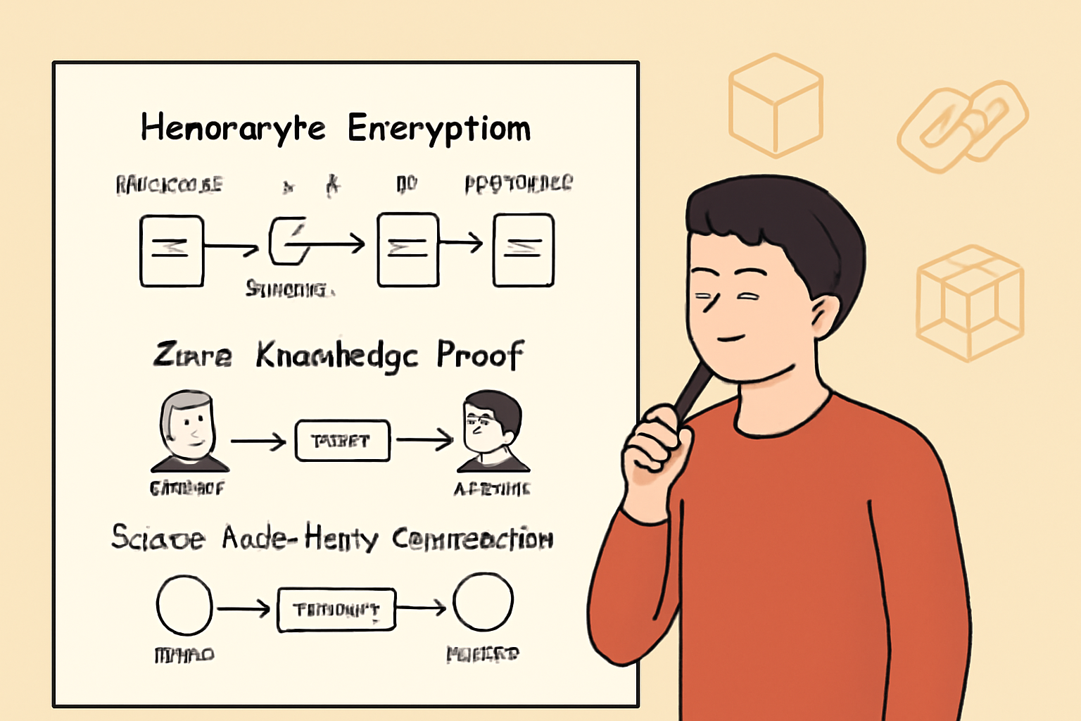 A developer studying diagrams of homomorphic encryption, zero-knowledge proofs, and secure multi-party computation on a whiteboard, with blockchain icons in the background.