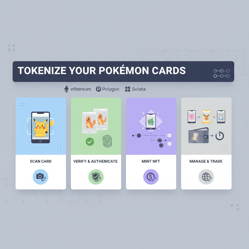 Modern blockchain platform dashboard for tokenizing Pokémon cards, sleek UI with card icons and chain logos