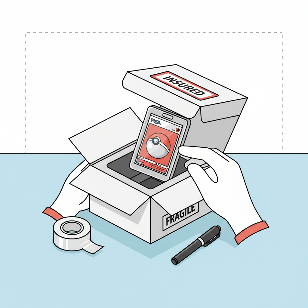 Hands carefully packing PSA graded Pokémon card in protective slab and insured shipping box