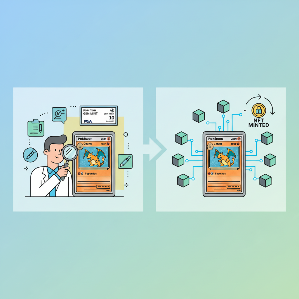 Professional verifier inspecting PSA 10 Pokémon card slab, transitioning to blockchain minting animation
