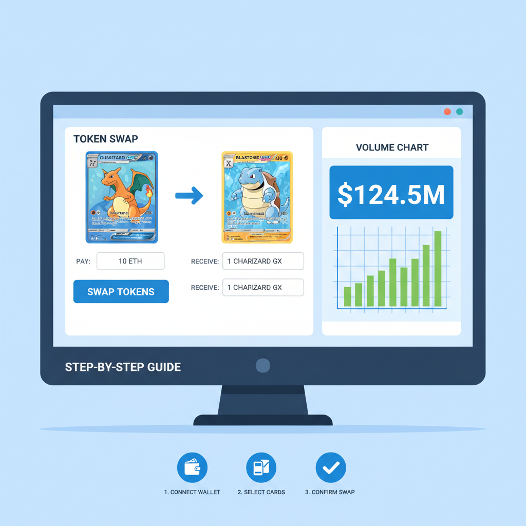 On-chain trading interface showing Pokémon card token swaps, volume charts at $124.5M