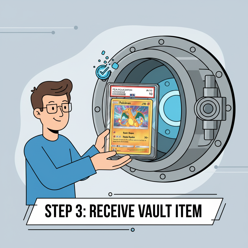 Collector receiving shipped PSA 10 Pokémon card from vault after token redemption